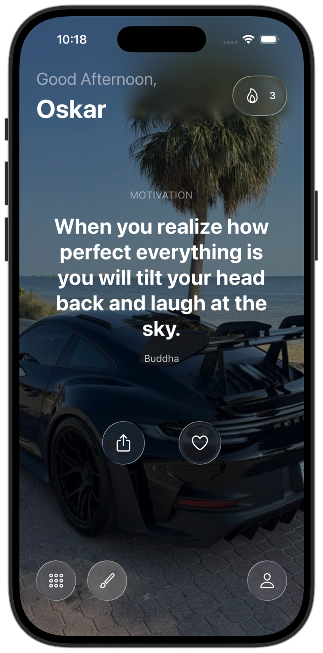 Isao app showing a motivational Buddha quote on iPhone
